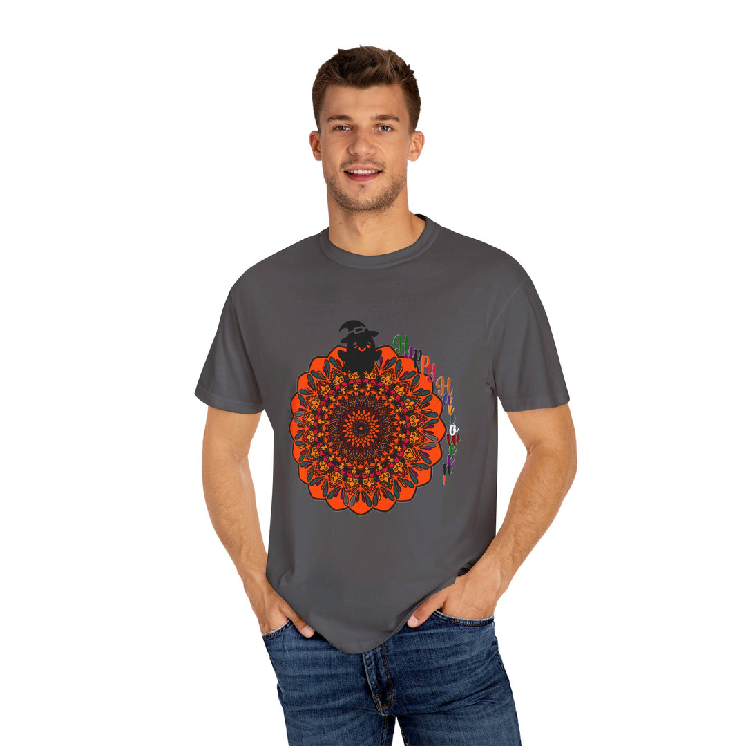 Unisex Halloween Mandala T-shirt featuring handmade pumpkin mandala art on garment-dyed tee