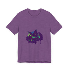 A vibrant and eye-catching t-shirt featuring a black cat mystery with colorful paint splatter design