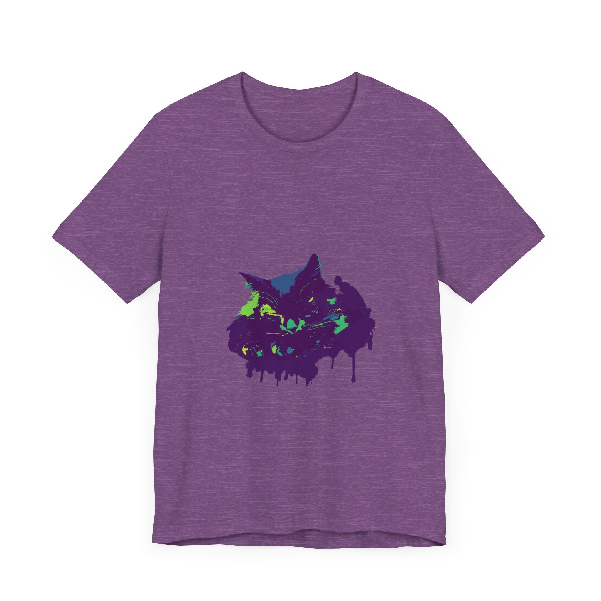 A vibrant and eye-catching t-shirt featuring a black cat mystery with colorful paint splatter design
