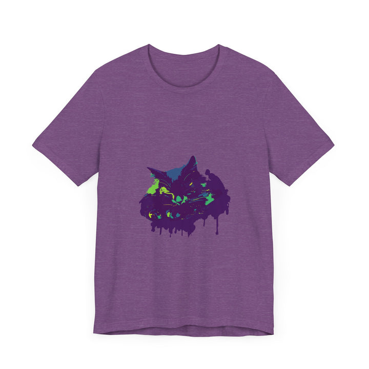 A vibrant and eye-catching t-shirt featuring a black cat mystery with colorful paint splatter design