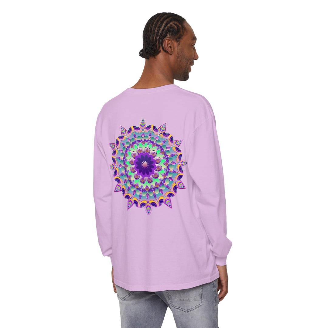 Colorful and intricate psychedelic mandala design on a long sleeve t-shirt