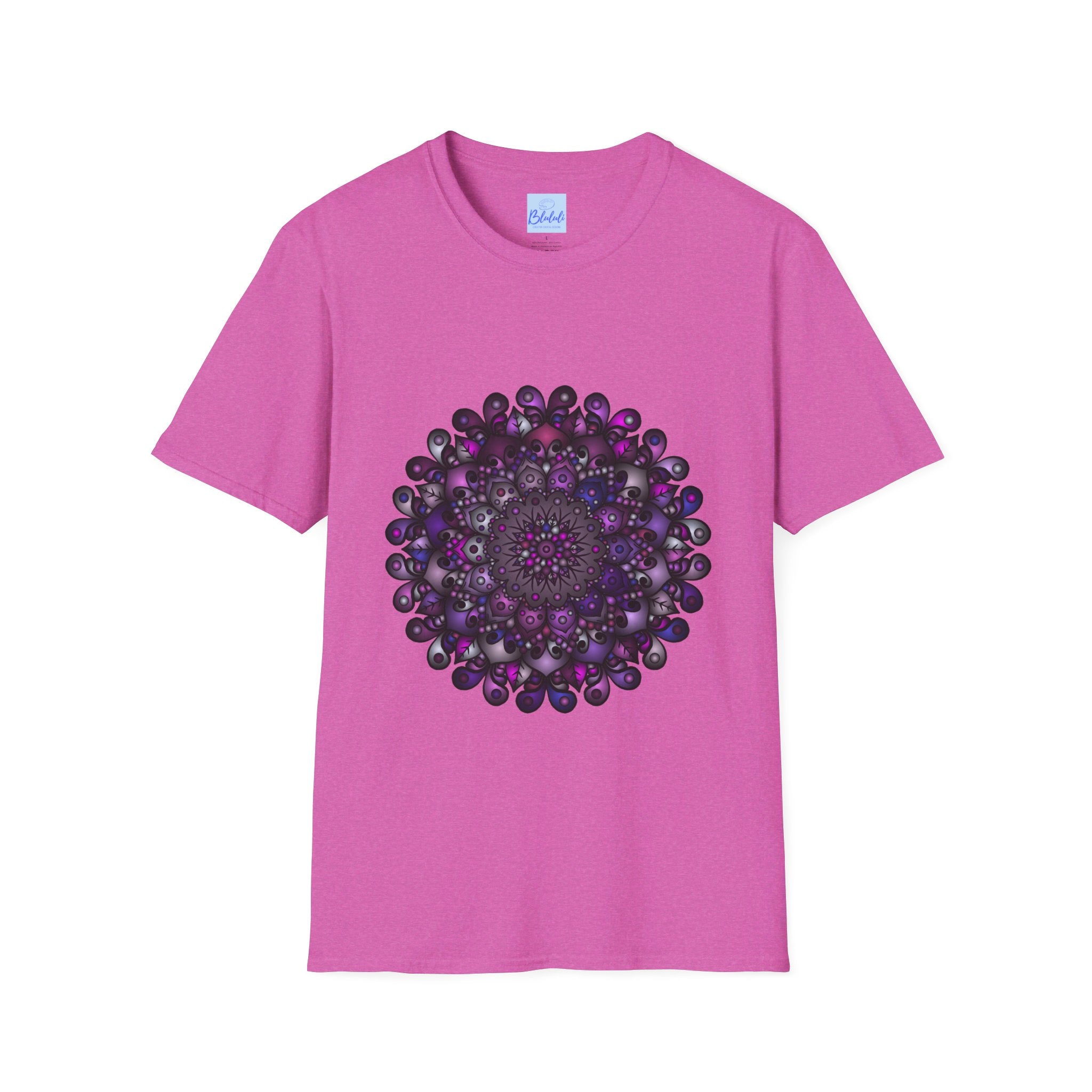 Handmade Mandala Art Softstyle T-Shirt: A vibrant, intricately designed shirt featuring a colorful mandala pattern, made with high-quality softstyle fabric