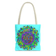 Vibrant and intricate mandala art tote bag with colorful and eye-catching design, perfect for adding a pop of unique style to your everyday look