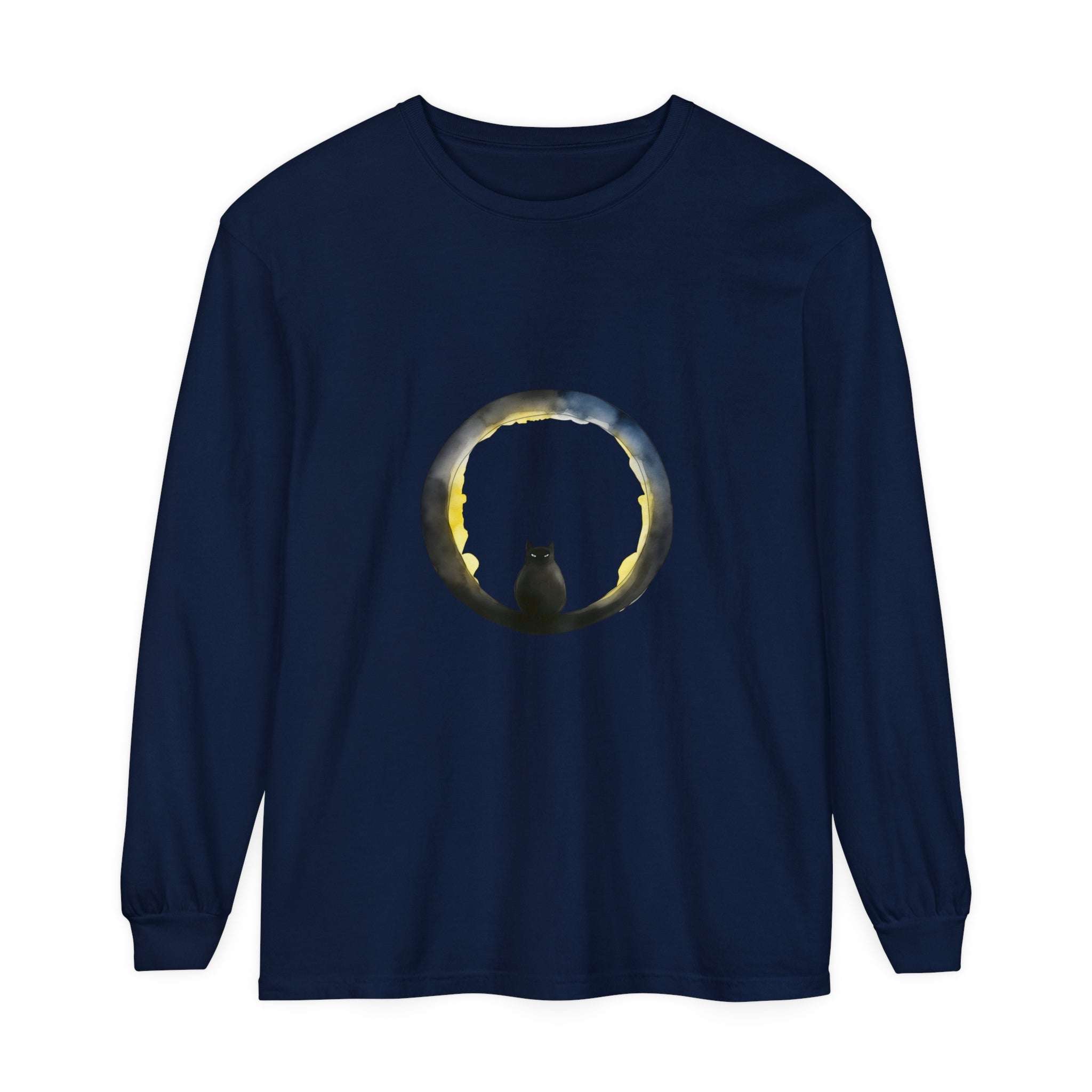 Black Cat Crescent Moon Halloween T-Shirt featuring a spooky black cat silhouette against a crescent moon background, perfect for Halloween festivities and celebrations