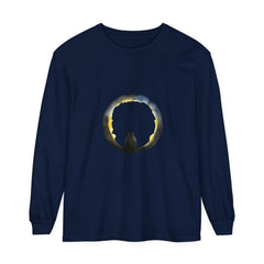 Black Cat Crescent Moon Halloween T-Shirt featuring a spooky black cat silhouette against a crescent moon background, perfect for Halloween festivities and celebrations