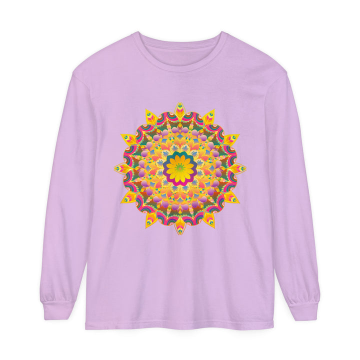 Colorful and intricate psychedelic mandala design featured on long sleeve t-shirt