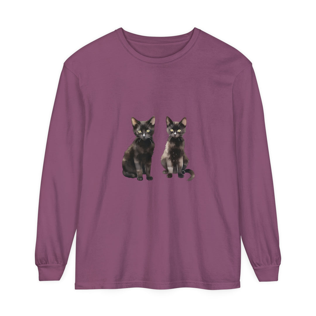 Black Cat Watercolor Art Long Sleeve T-Shirt featuring a stunning watercolor painting of a black cat on a comfortable and stylish long sleeve tee