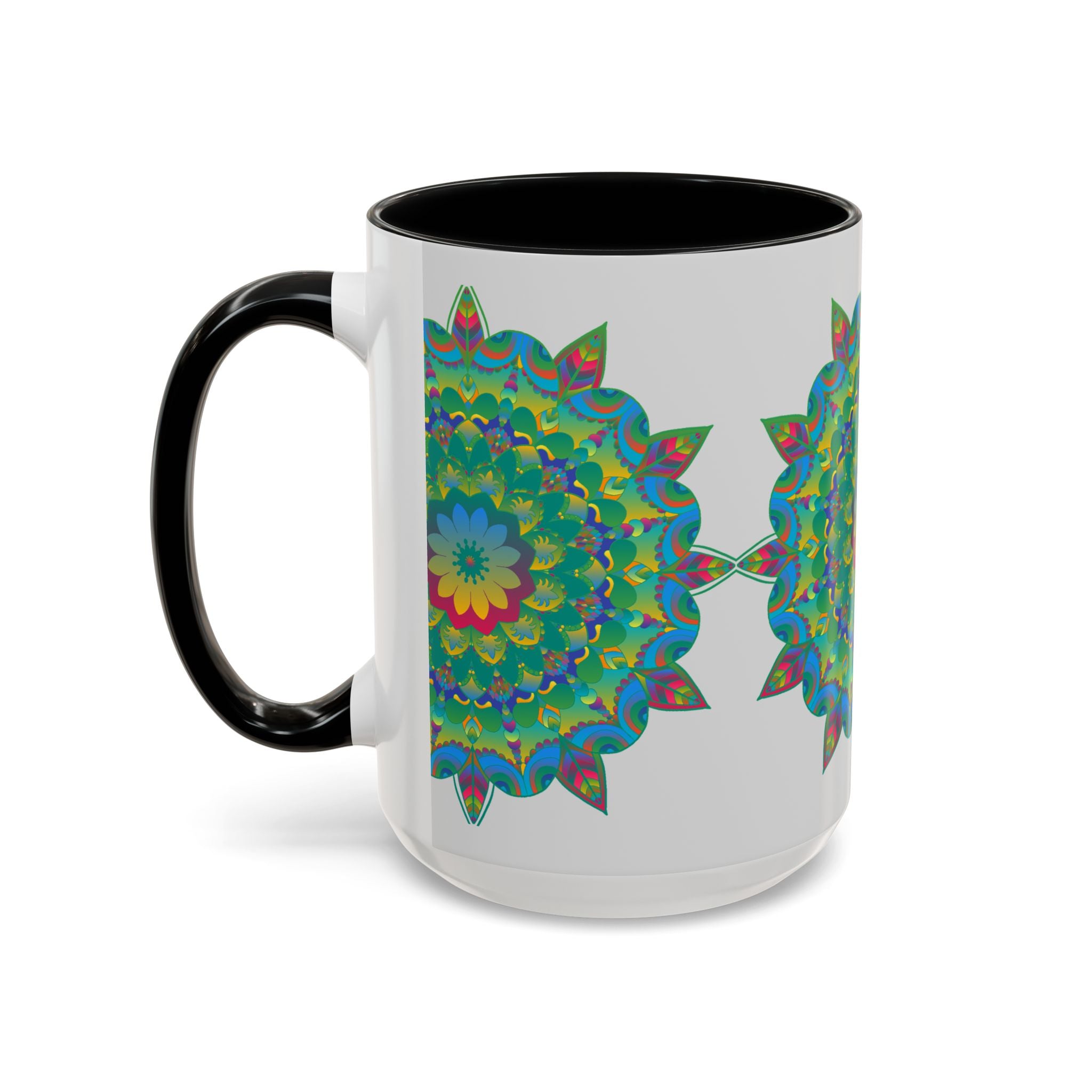 Colorful ceramic mug with a vibrant floral mandala design, perfect for sipping your favorite hot beverage