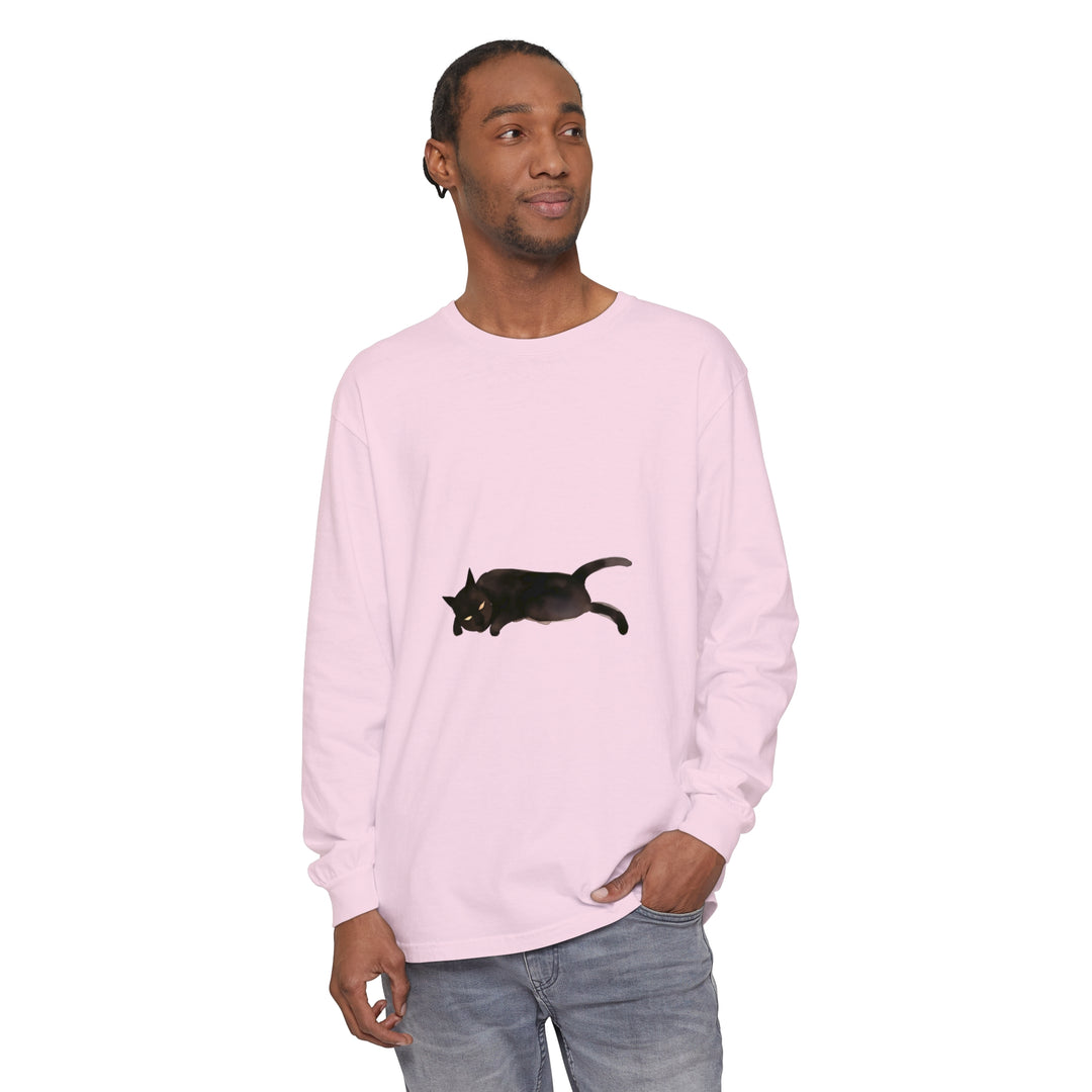 A cozy unisex long sleeve t-shirt featuring a sleeping black cat design