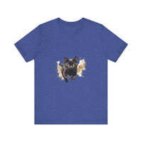 A close-up image of a black cat watercolor print t-shirt with vibrant and lifelike colors, perfect for cat lovers and art enthusiasts alike
