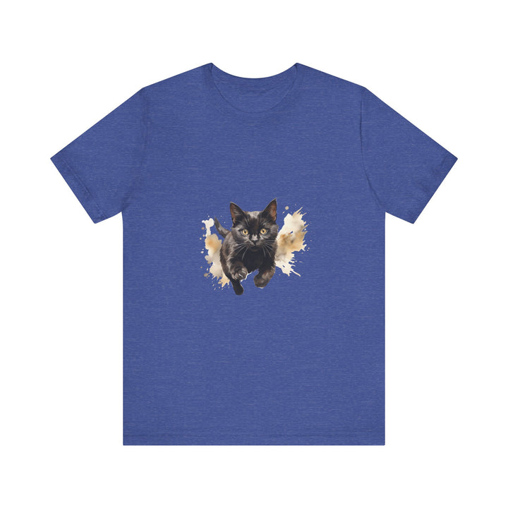 A close-up image of a black cat watercolor print t-shirt with vibrant and lifelike colors, perfect for cat lovers and art enthusiasts alike