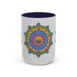 Grey ceramic mug with striking and colorful mandala flower art