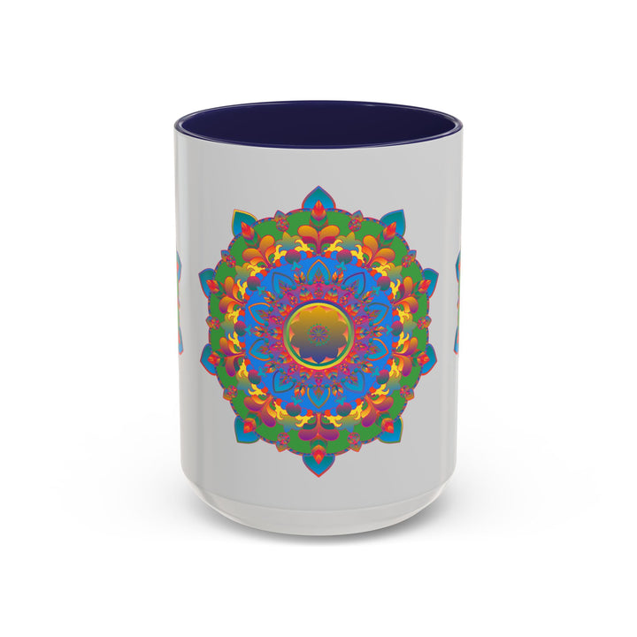 Grey ceramic mug with striking and colorful mandala flower art