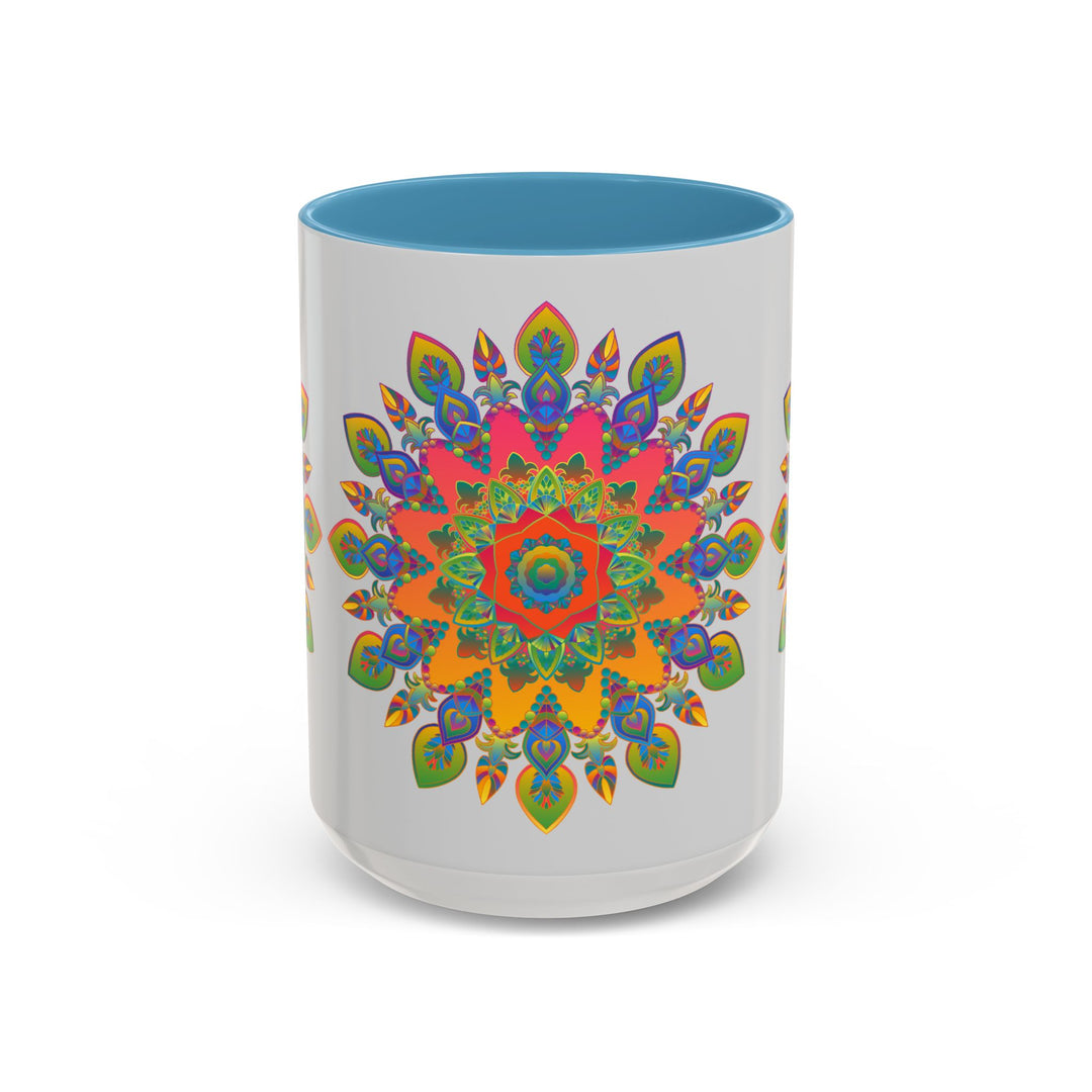 Colorful Mandala Mug with intricate and vibrant art on grey background