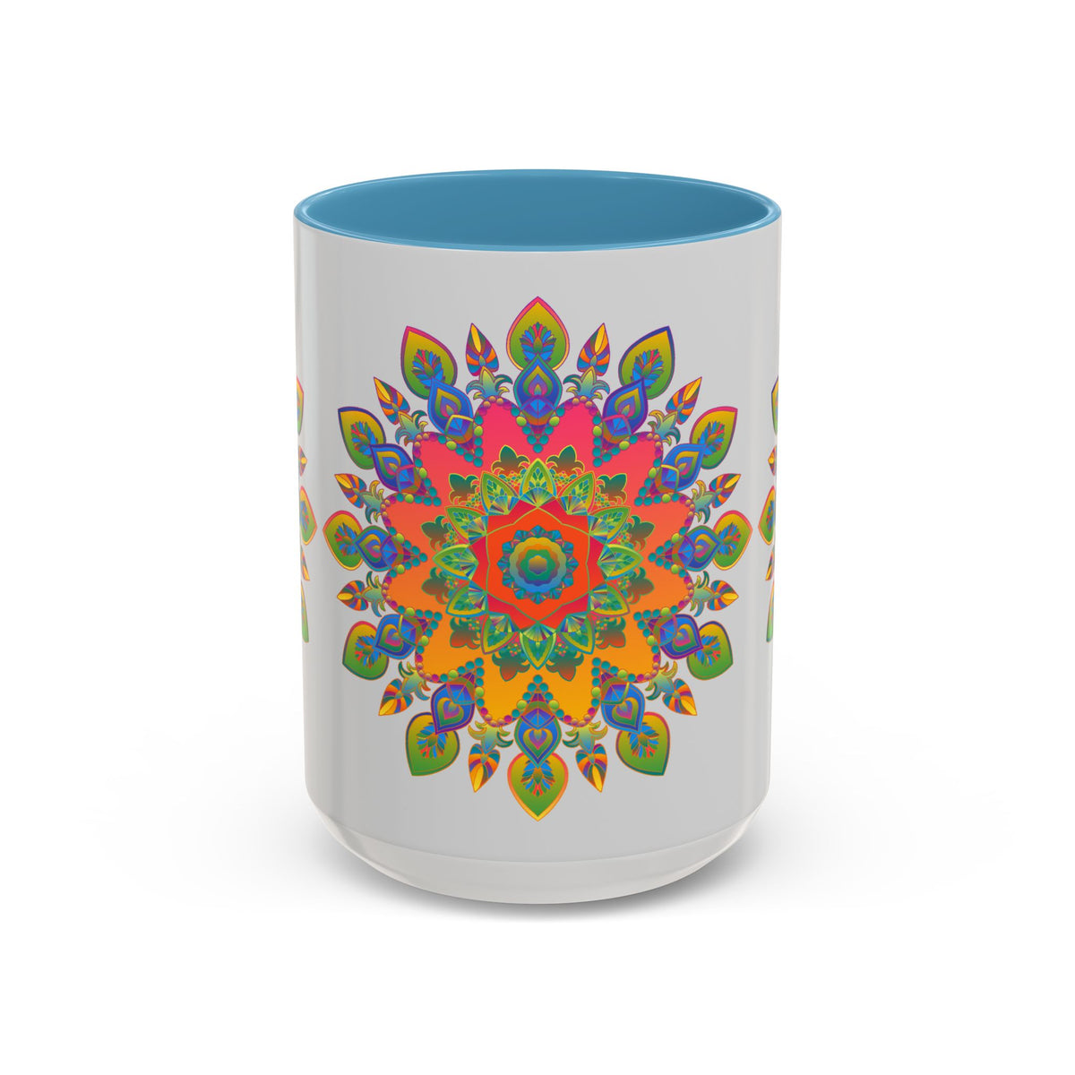 Colorful Mandala Mug with intricate and vibrant art on grey background