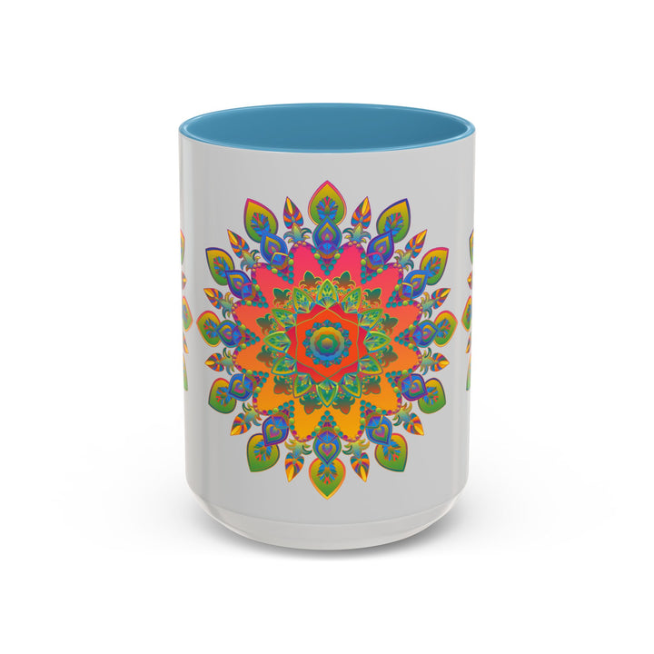 Colorful Mandala Mug with intricate and vibrant art on grey background