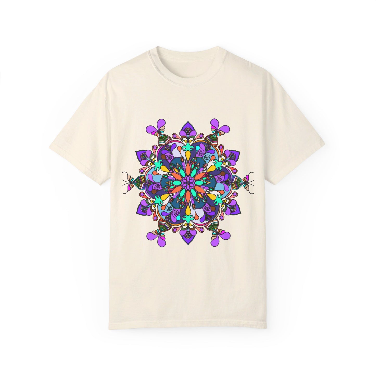 Unisex mandala t-shirt made from 100% ring-spun cotton, hand-drawn mandala art, and garment-dyed for extra comfort