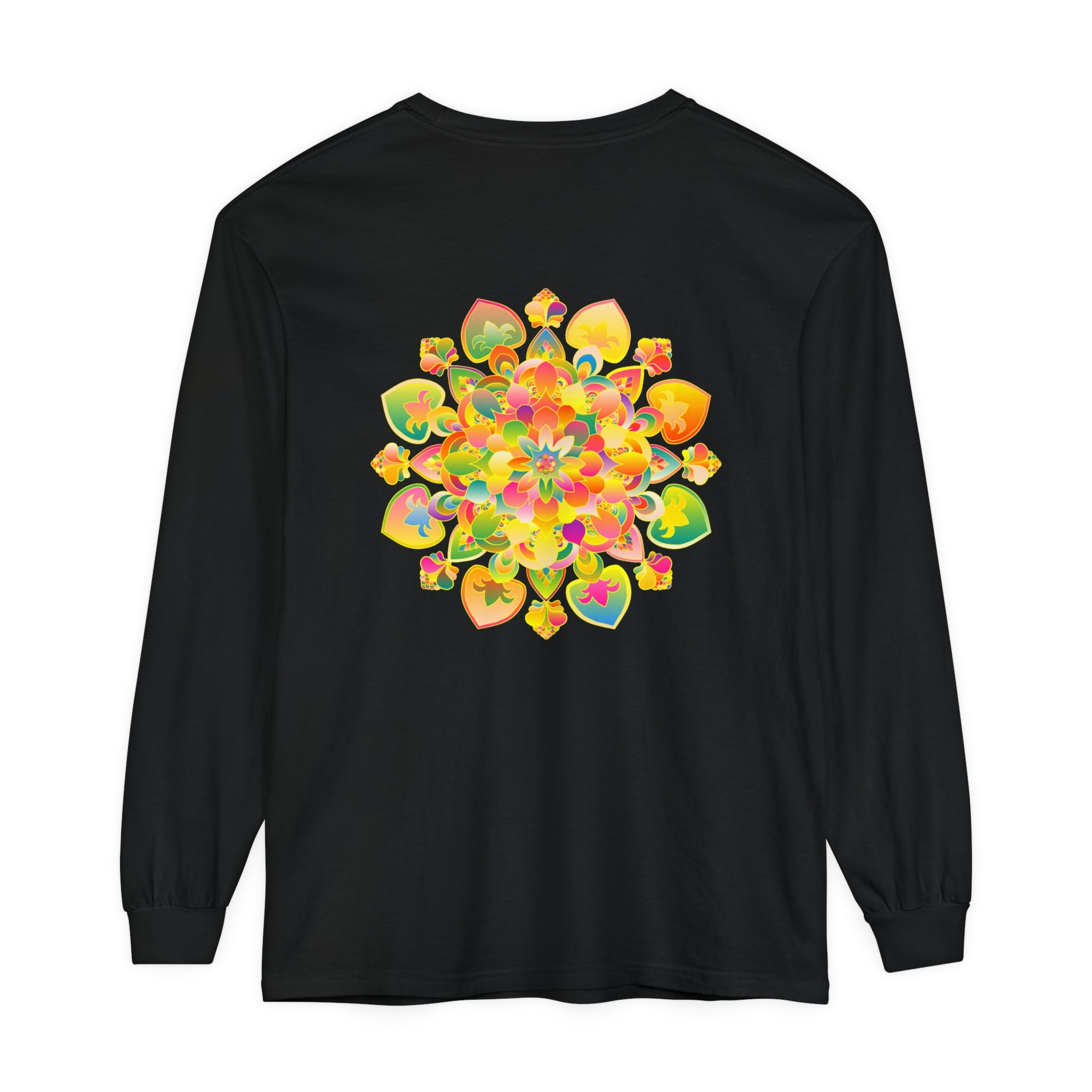 Colorful and intricate psychedelic mandala design on a long sleeve t-shirt