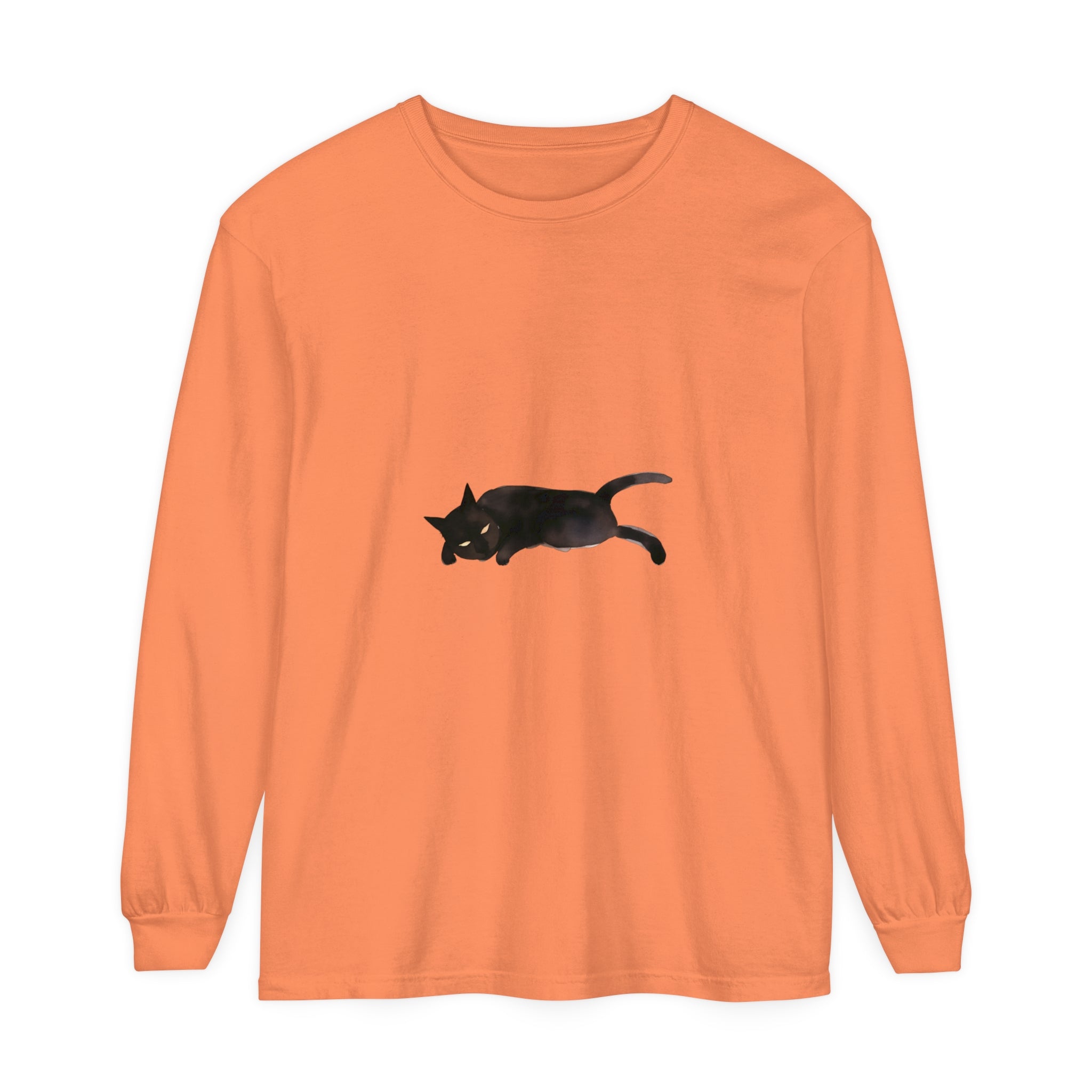 Sleeping black cat unisex long sleeve t-shirt on a white background