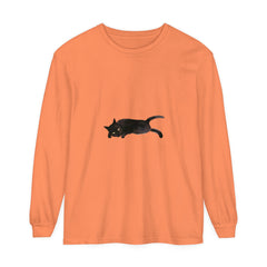 Sleeping black cat unisex long sleeve t-shirt on a white background