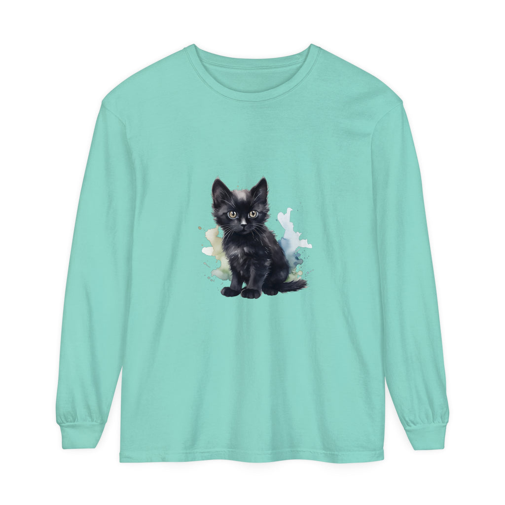 A black kitten watercolor long sleeve t-shirt with a cute and playful design