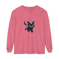 A close-up image of a white t-shirt featuring a watercolor illustration of a playful kitten playing with a ball of yarn, perfect for cat lovers and animal enthusiasts