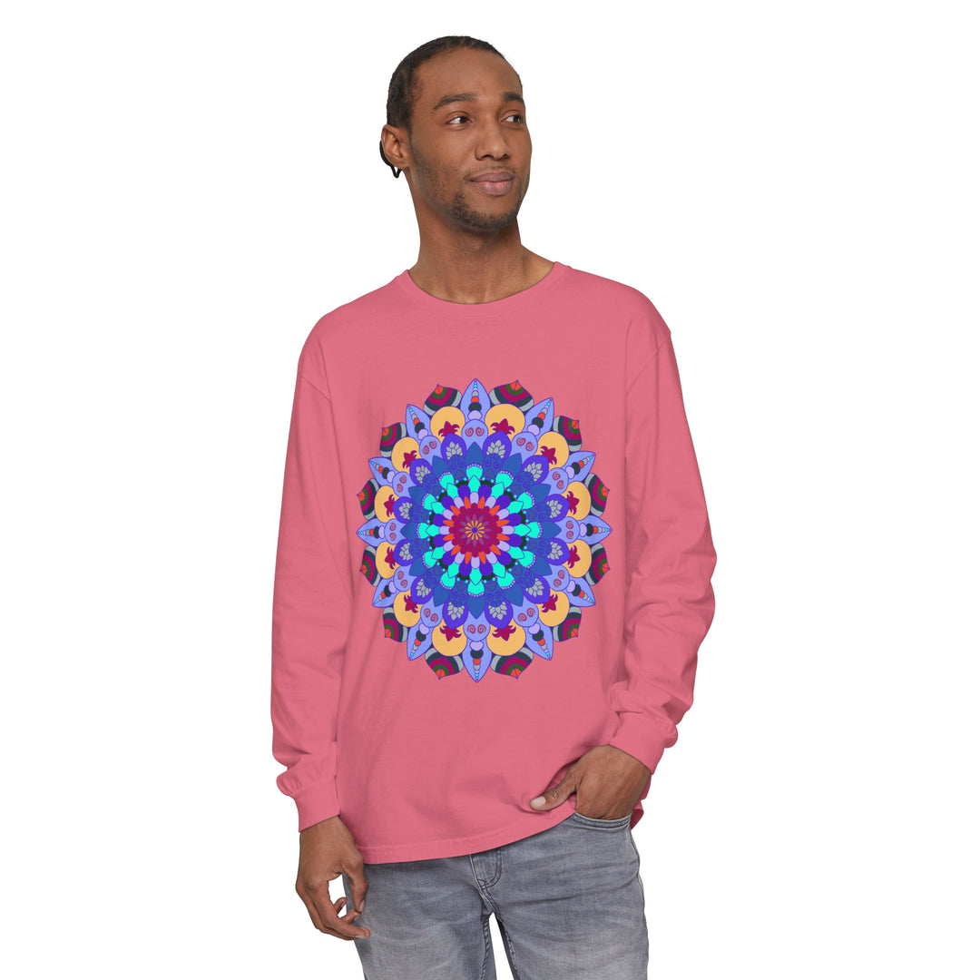 Colorful and intricate mandala design on a comfortable long sleeve t-shirt