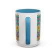 A vibrant yellow, orange, and blue mandala art mug, perfect for adding color to your morning coffee routine