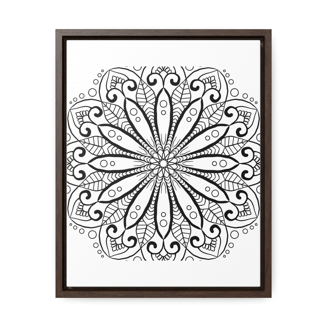 Handcrafted black and white mandala art on gallery canvas wraps, displayed in a vertical frame