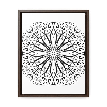 Handcrafted black and white mandala art on gallery canvas wraps, displayed in a vertical frame