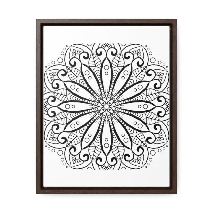 Handcrafted black and white mandala art on gallery canvas wraps, displayed in a vertical frame