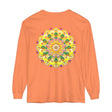 Colorful and detailed mandala design on a unisex long sleeve t-shirt