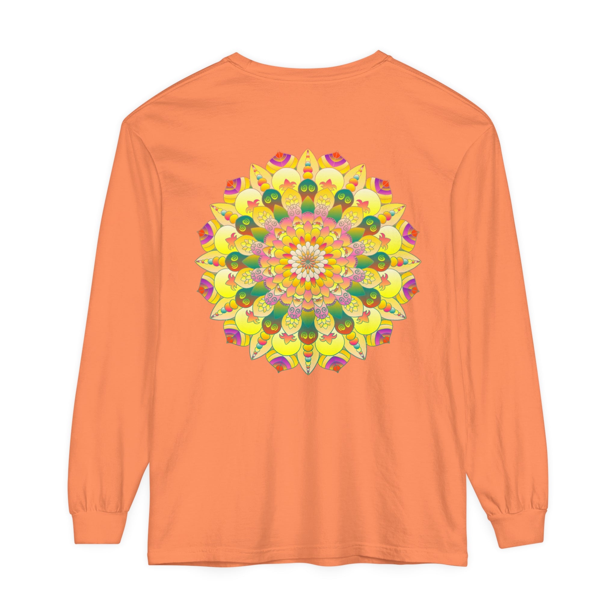 Colorful and detailed mandala design on a unisex long sleeve t-shirt