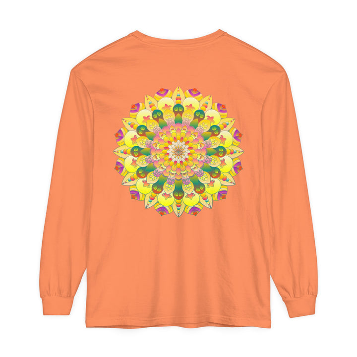 Colorful and detailed mandala design on a unisex long sleeve t-shirt