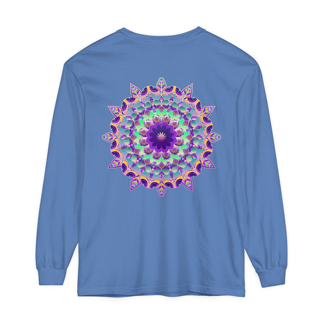 Colorful and intricate psychedelic mandala design on a long sleeve t-shirt