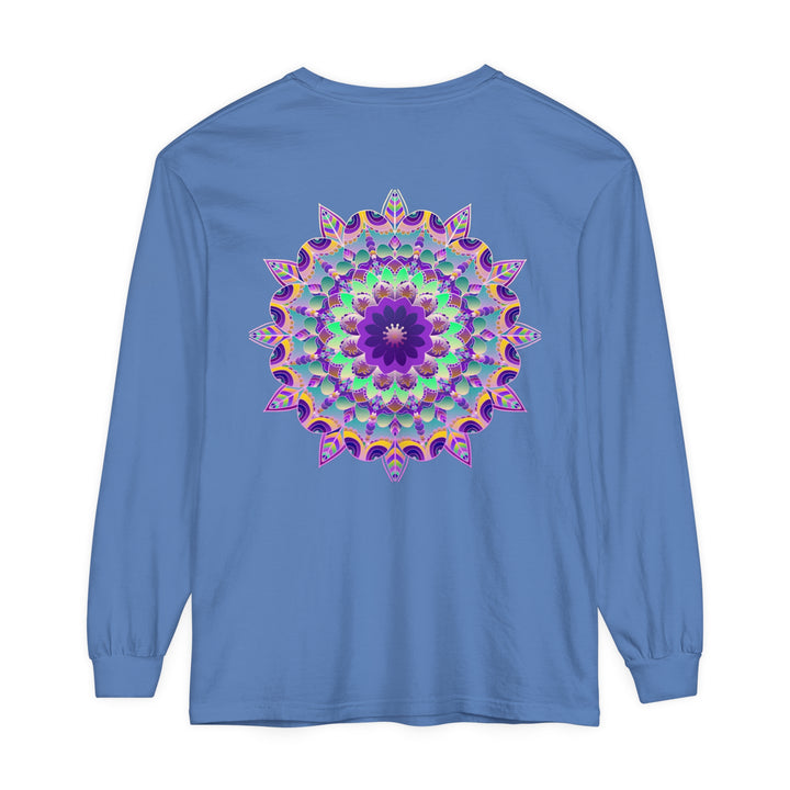 Colorful and intricate psychedelic mandala design on a long sleeve t-shirt