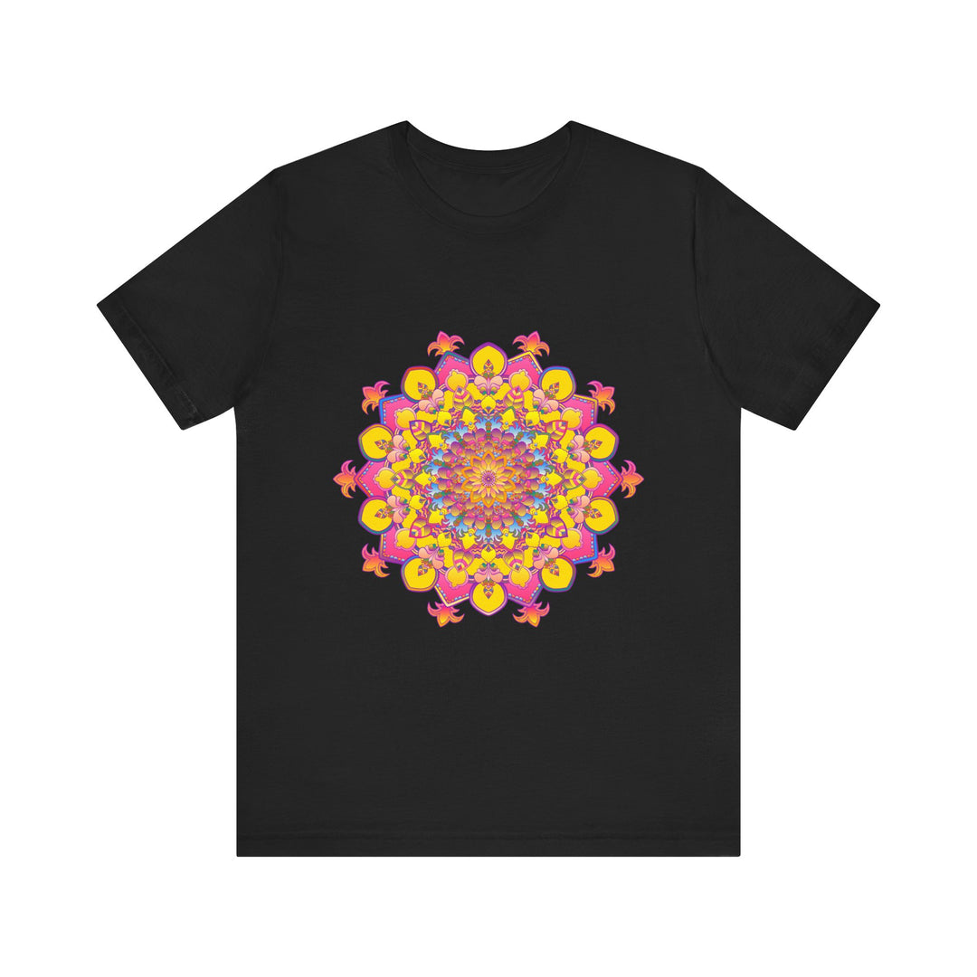 A close-up image of a vibrant floral mandala tee with intricate patterns and bright colors