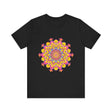 A close-up image of a vibrant floral mandala tee with intricate patterns and bright colors