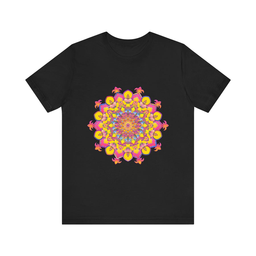 A close-up image of a vibrant floral mandala tee with intricate patterns and bright colors