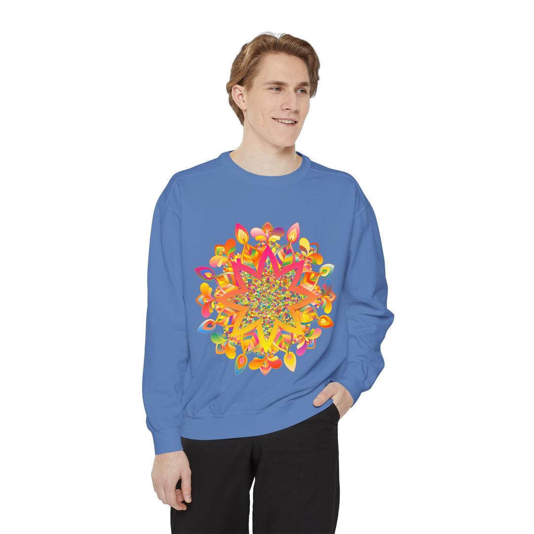 Colorful mandala sweatshirt with intricate design and vibrant hues for bohemian fashion lovers