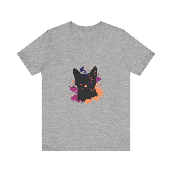 A close-up image of a black cat mystery t-shirt with purple eyes design