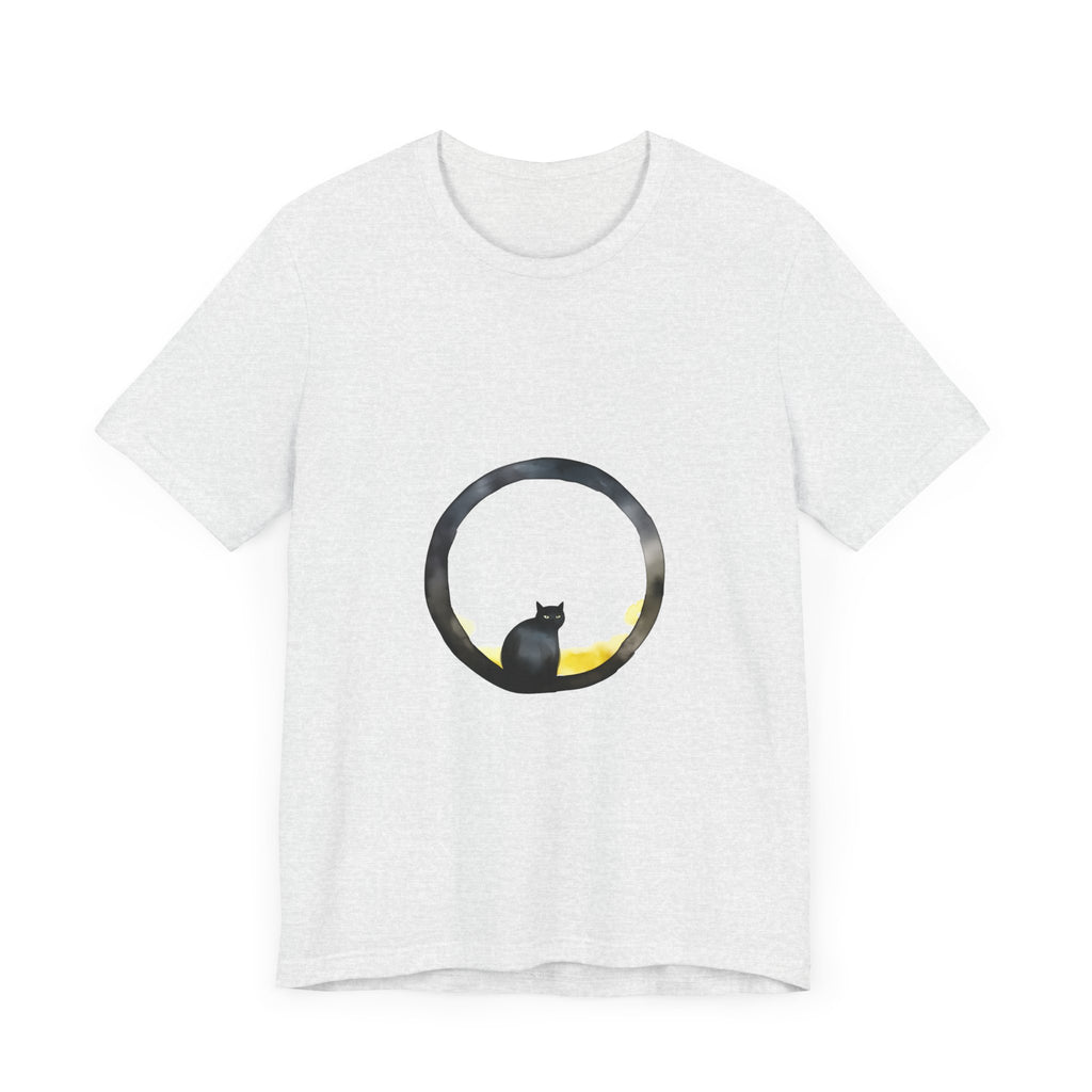 Black Cat Moon Tee, a whimsical style t-shirt featuring a black cat silhouette against a large moon backdrop, perfect for adding a touch of mystical charm to your wardrobe