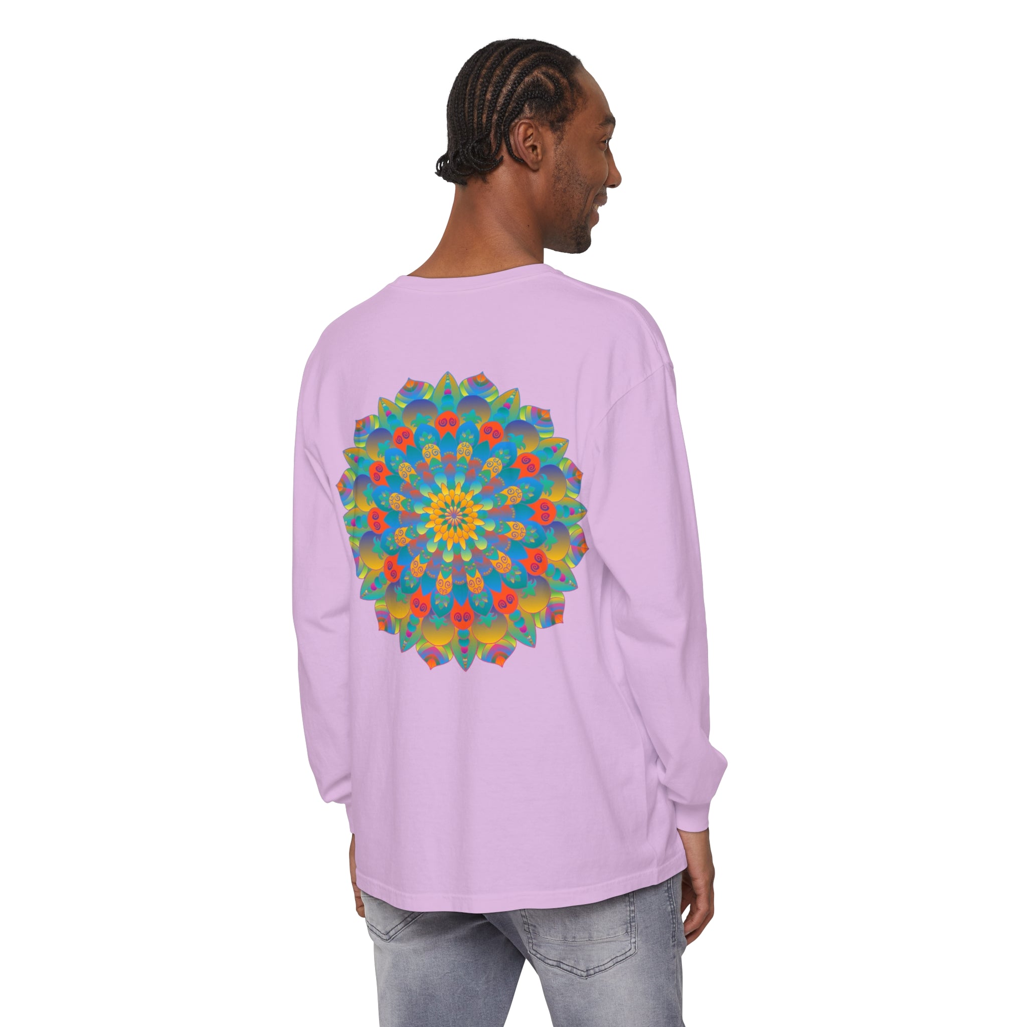 Colorful and intricate mandala design on a long sleeve unisex t-shirt