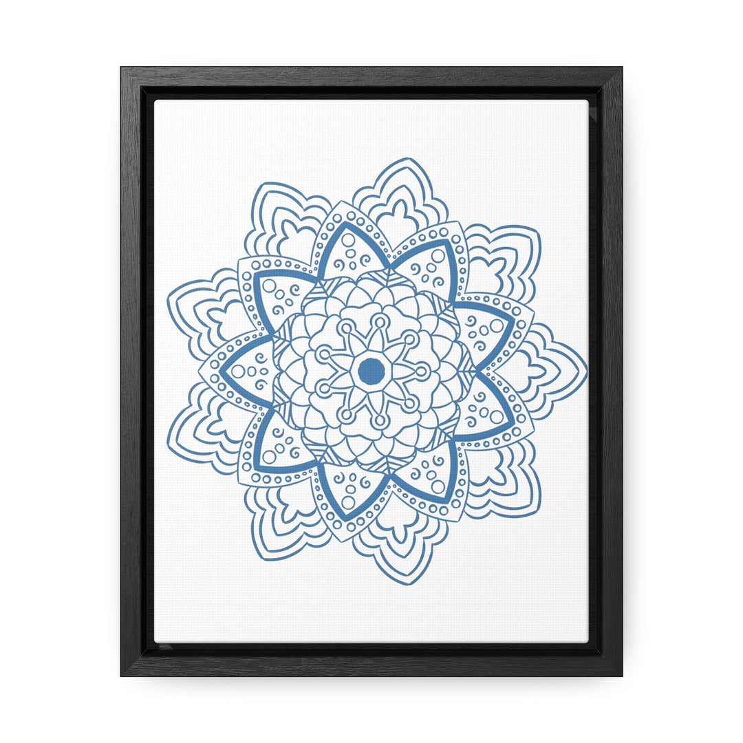 Handmade steel blue mandala design wall art on gallery canvas wraps in a vertical frame