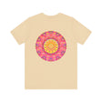 Beautiful pink and yellow mandala design t-shirt promoting peace and harmony