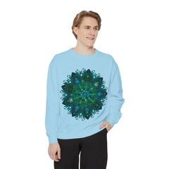 Teal and Blue Mandala Sweatshirt with Intricate Design - Beautiful and detailed bohemian-inspired sweatshirt for a unique and stylish look