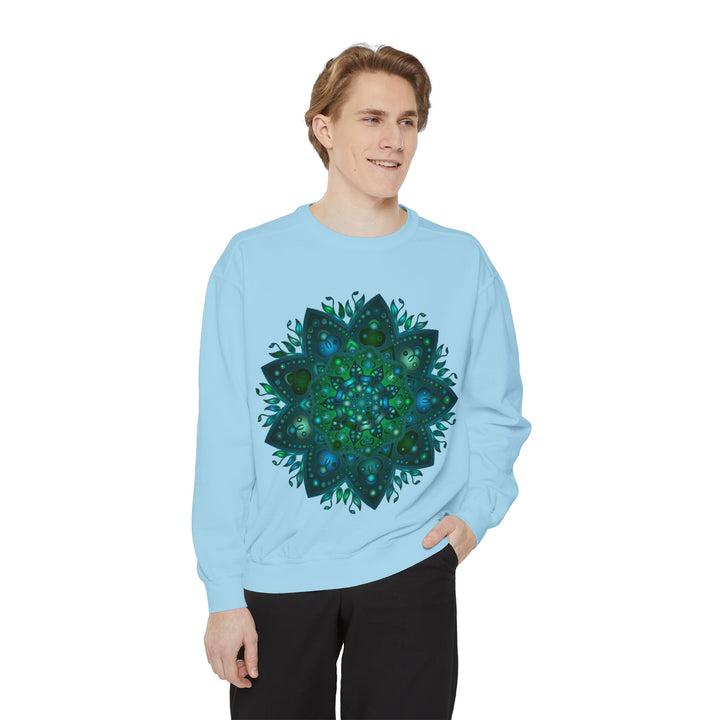 Teal and Blue Mandala Sweatshirt with Intricate Design - Beautiful and detailed bohemian-inspired sweatshirt for a unique and stylish look