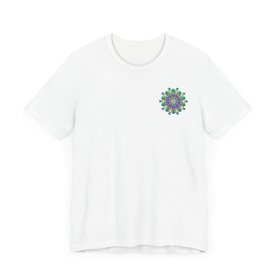 A colorful and intricate mandala design on a t-shirt, symbolizing spiritual peace and harmony for a vibrant and unique look