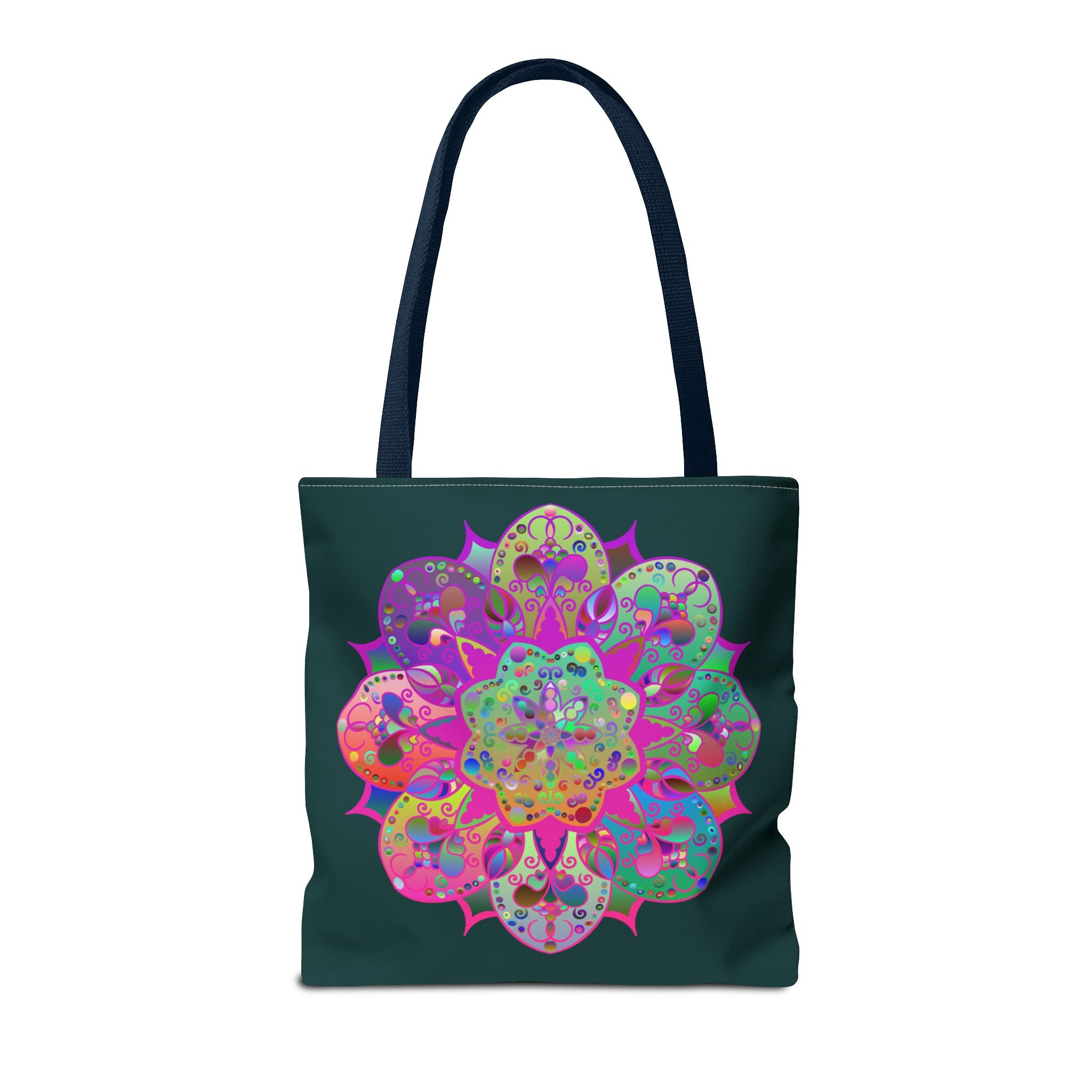 Elegant dark green tote bag with vibrant and colorful mandala artwork