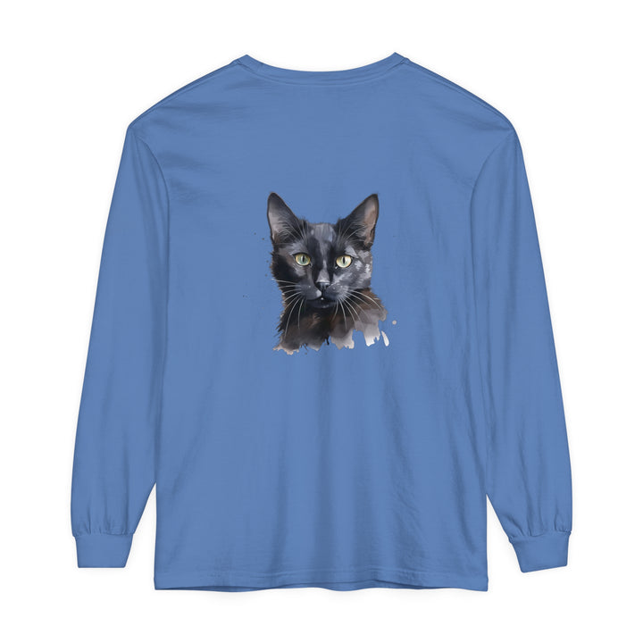 Black Cat Watercolor - Mystical Long Sleeve T-Shirt with intricate feline design